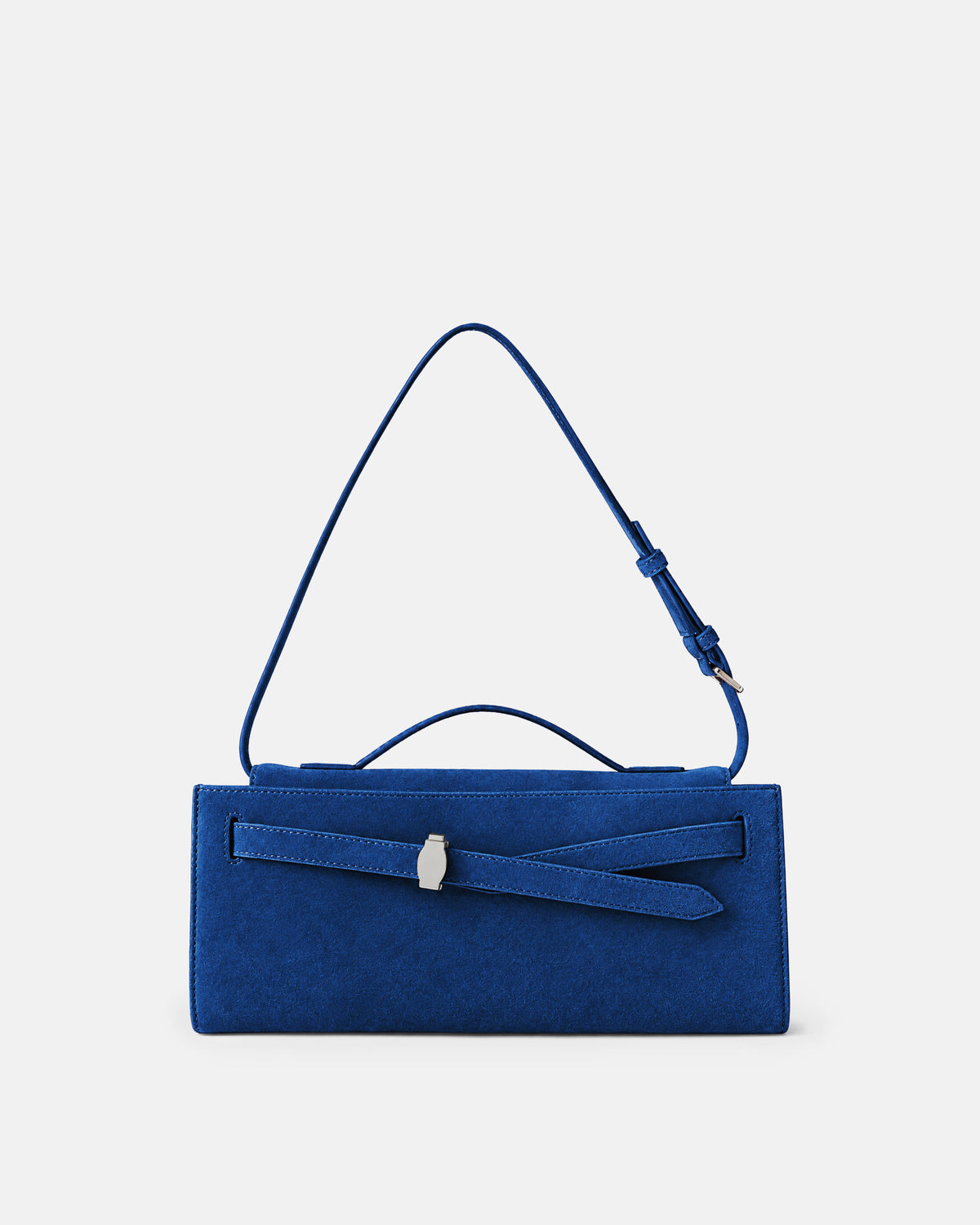 Veronica Beard Blue suede rectangular shoulder bag with silver clasp.