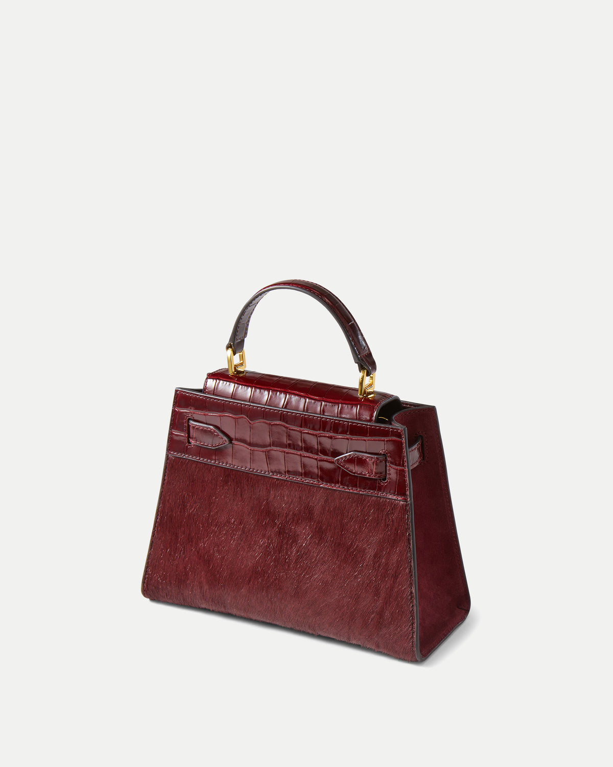 Veronica Beard Burgundy crocodile and calf hair top handle bag.
