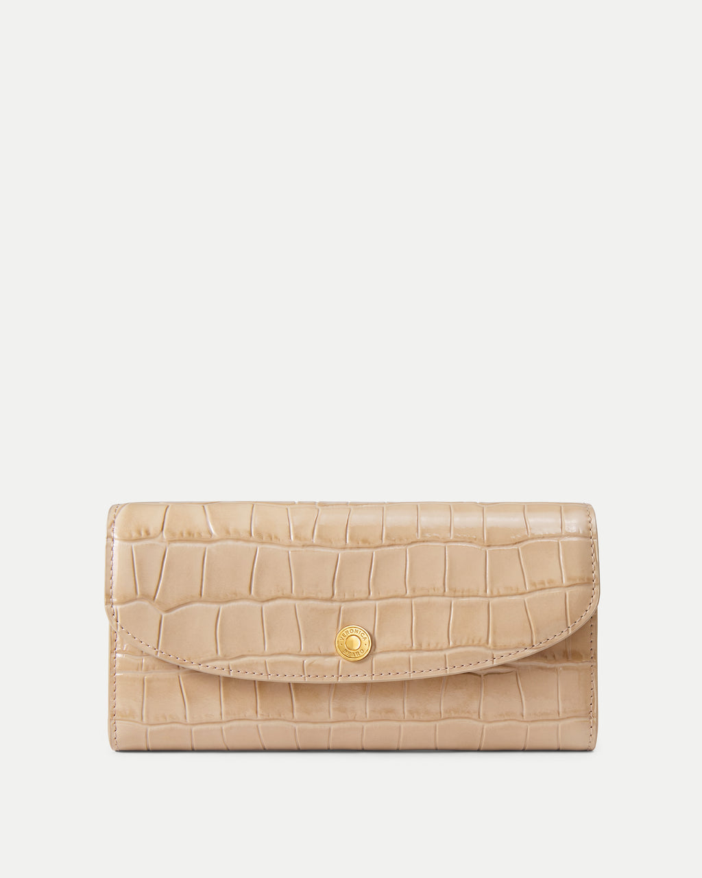 Veronica Beard Beige crocodile-embossed leather wallet with gold snap closure.
