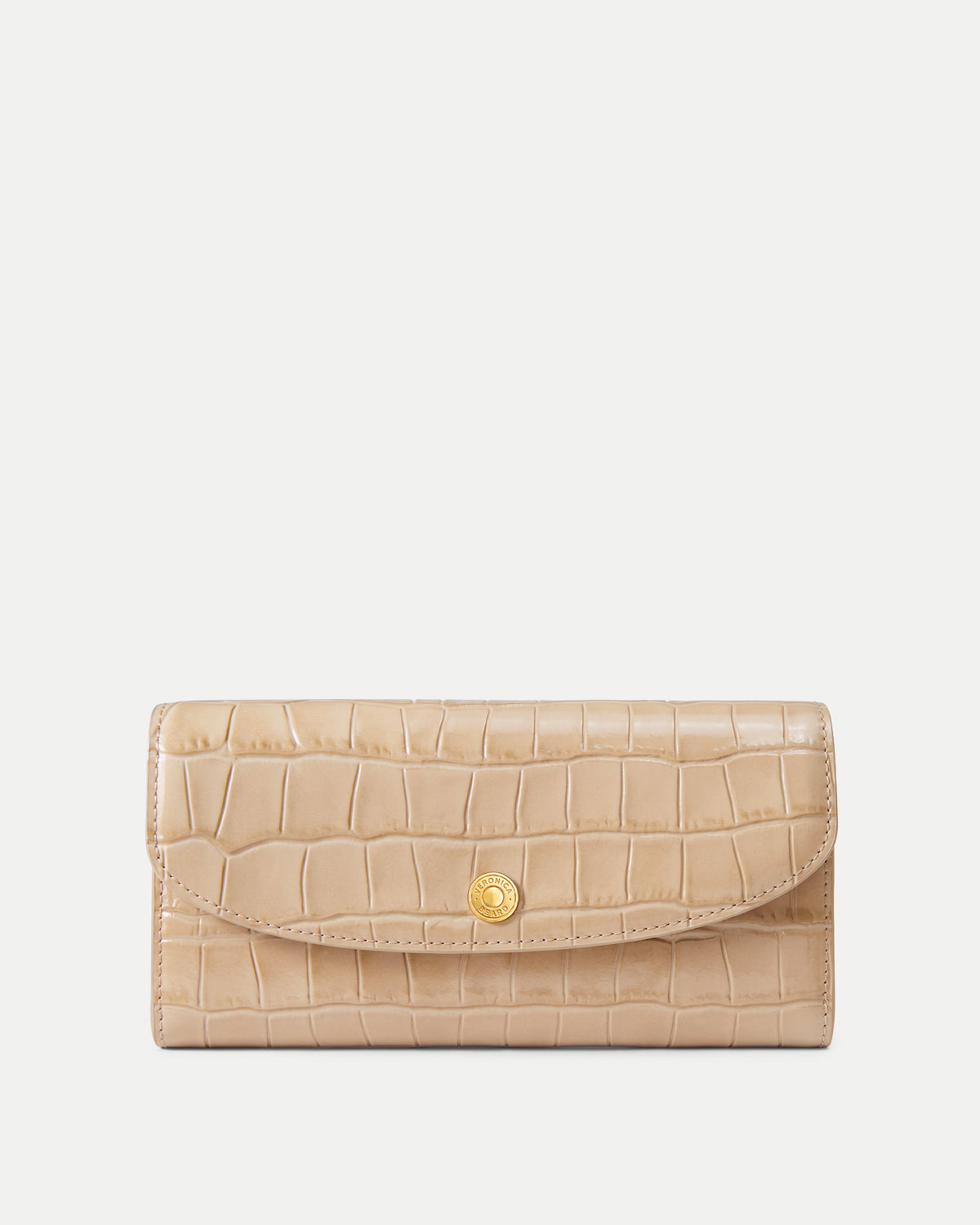 Veronica Beard Beige crocodile-embossed leather wallet with gold snap closure.