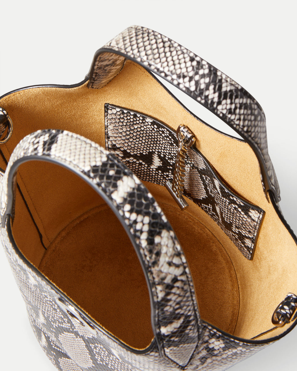 Veronica Beard Black and white snakeskin print leather bucket bag.