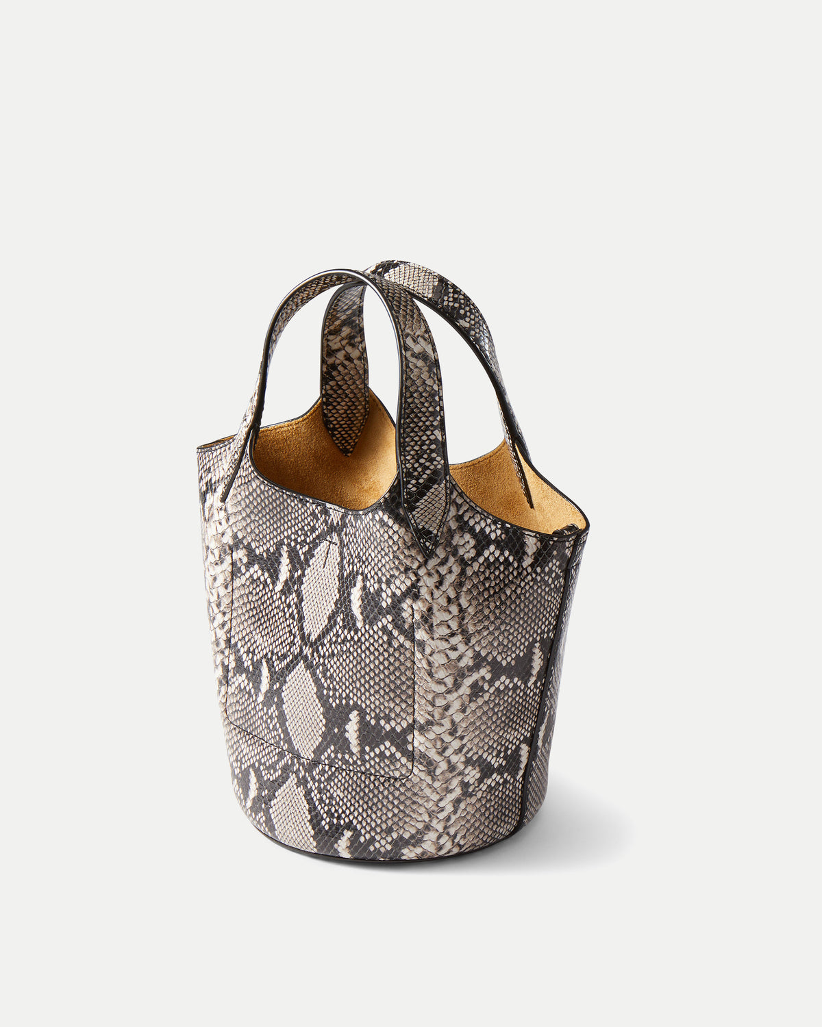 Veronica Beard Grey snakeskin bucket bag with dual handles.