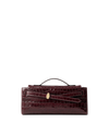 Veronica Beard Burgundy embossed leather structured handbag with gold clasp.