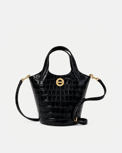 Veronica Beard Black embossed leather bucket bag with gold hardware.
