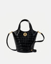 Veronica Beard Black embossed leather bucket bag with gold hardware.