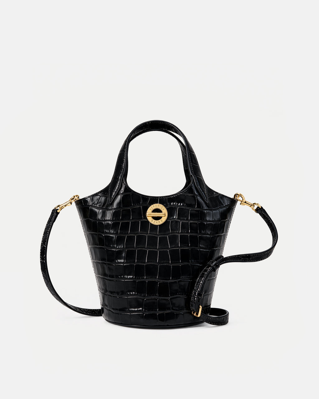 Veronica Beard Black embossed leather bucket bag with gold hardware.