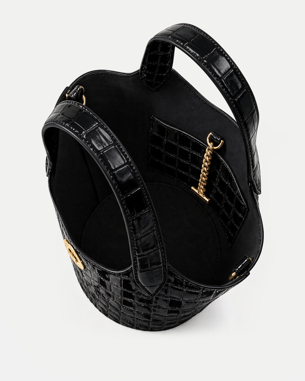 Veronica Beard Black embossed croc bucket bag, gold chain.