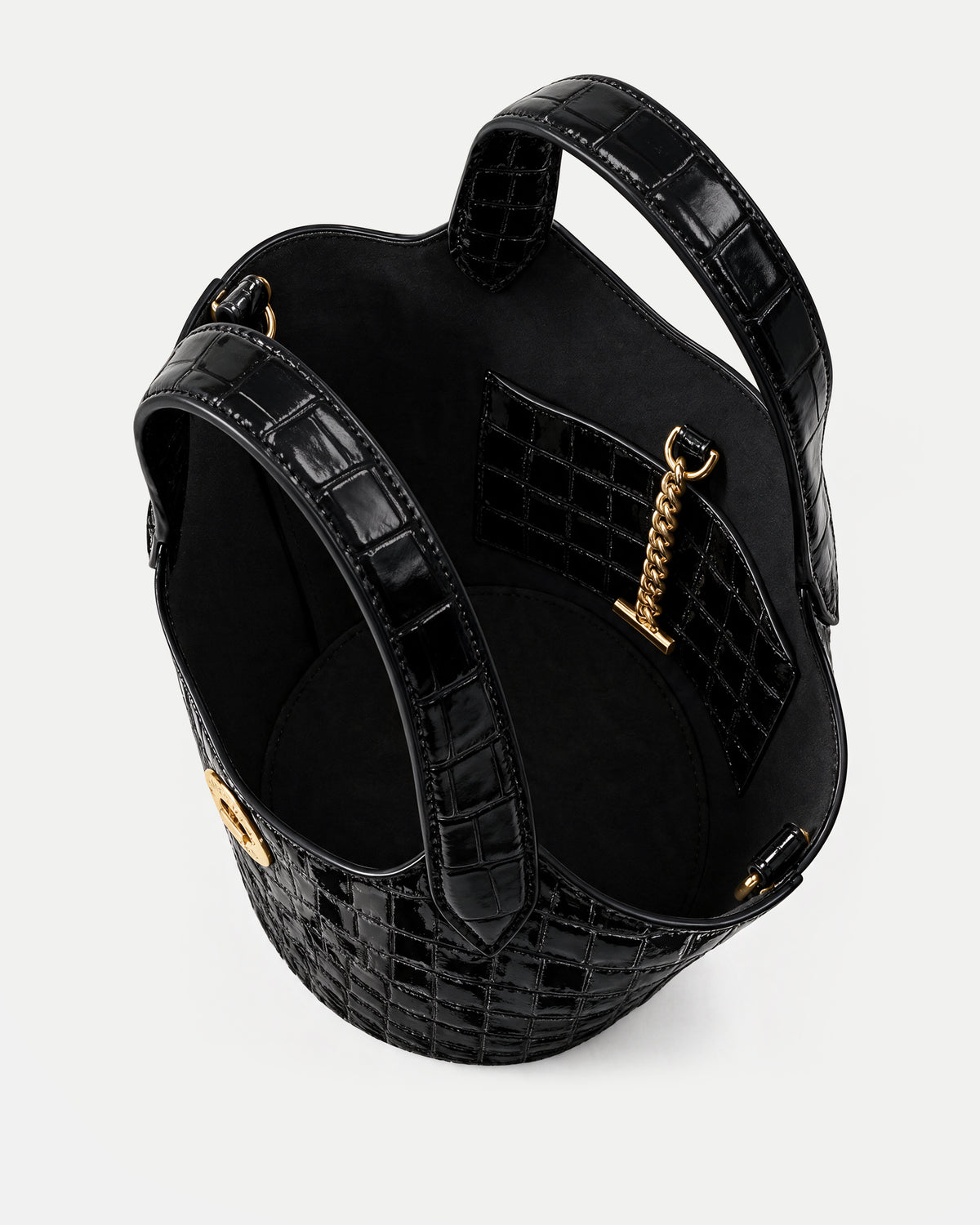 Veronica Beard Black embossed croc bucket bag, gold chain.