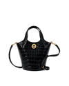 Veronica Beard Black embossed leather bucket bag with gold hardware.