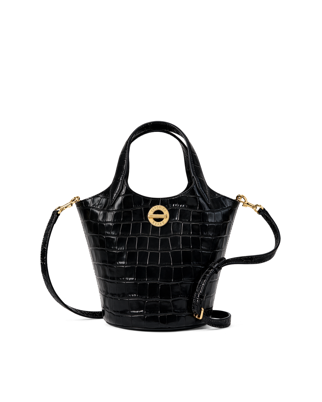 Veronica Beard Black embossed leather bucket bag with gold hardware.