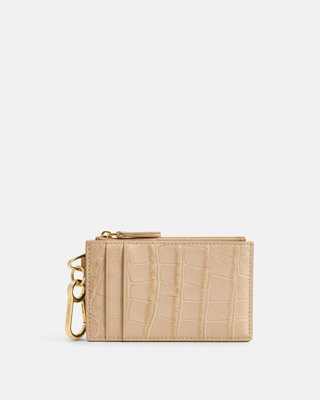 Veronica Beard Beige embossed leather card holder with gold hardware.