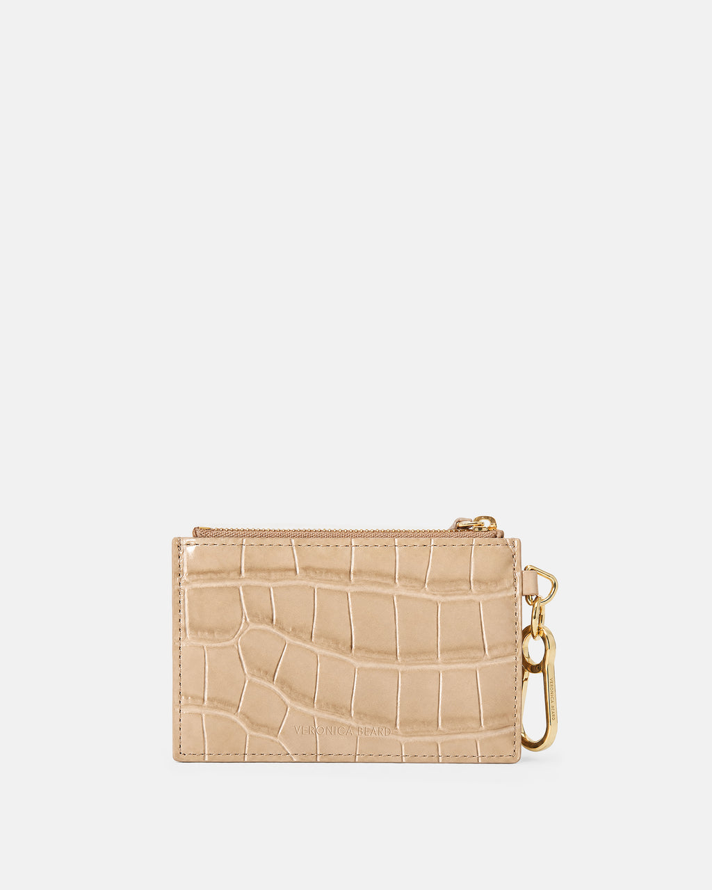 Veronica Beard Beige embossed leather card holder with zipper.