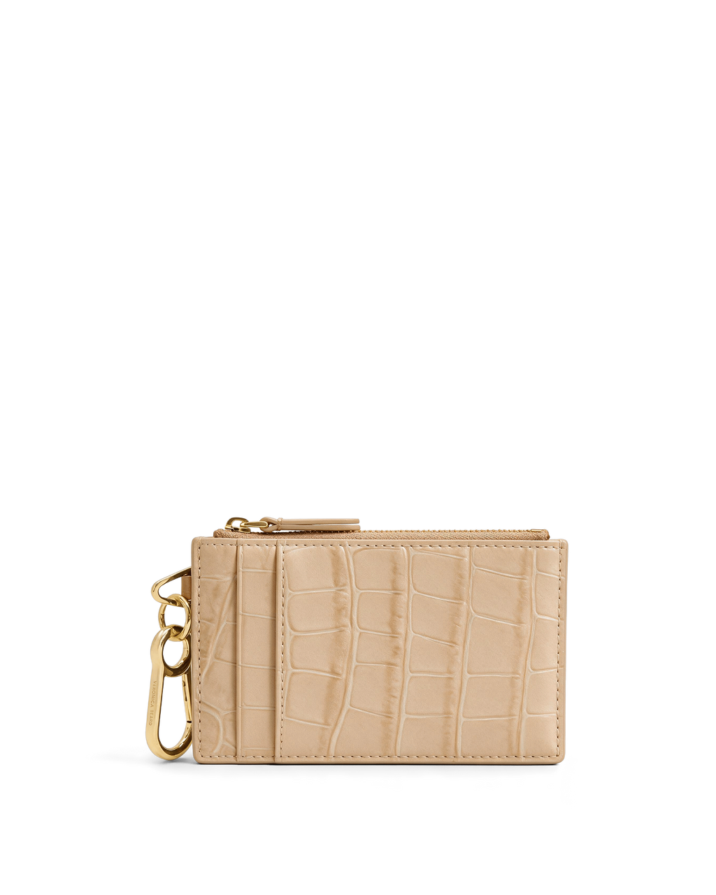 Veronica Beard Beige embossed leather card holder with keyring.