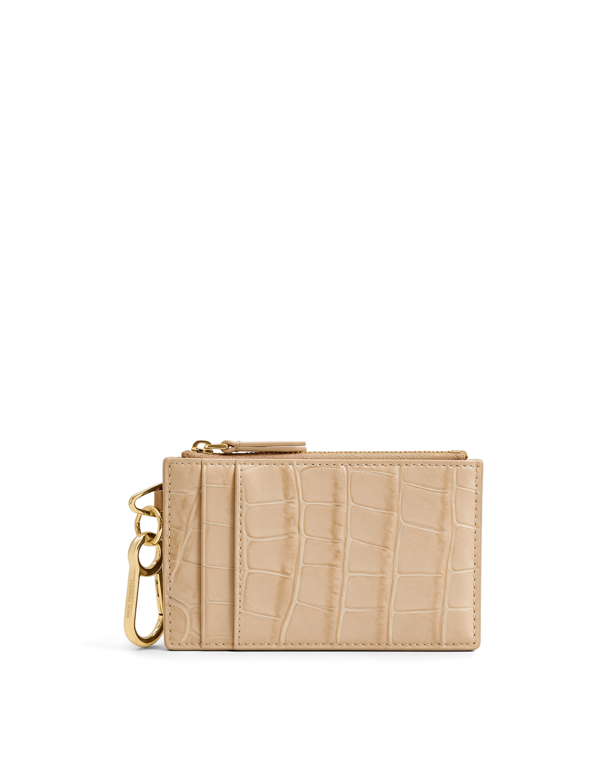 Veronica Beard Beige embossed leather card holder with keyring.
