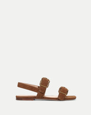 Veronica Beard Brown suede flat sandals with gold buckles.