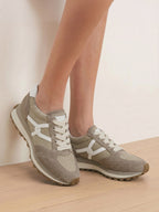 Veronica Beard Taupe suede and mesh sneakers with white accents.