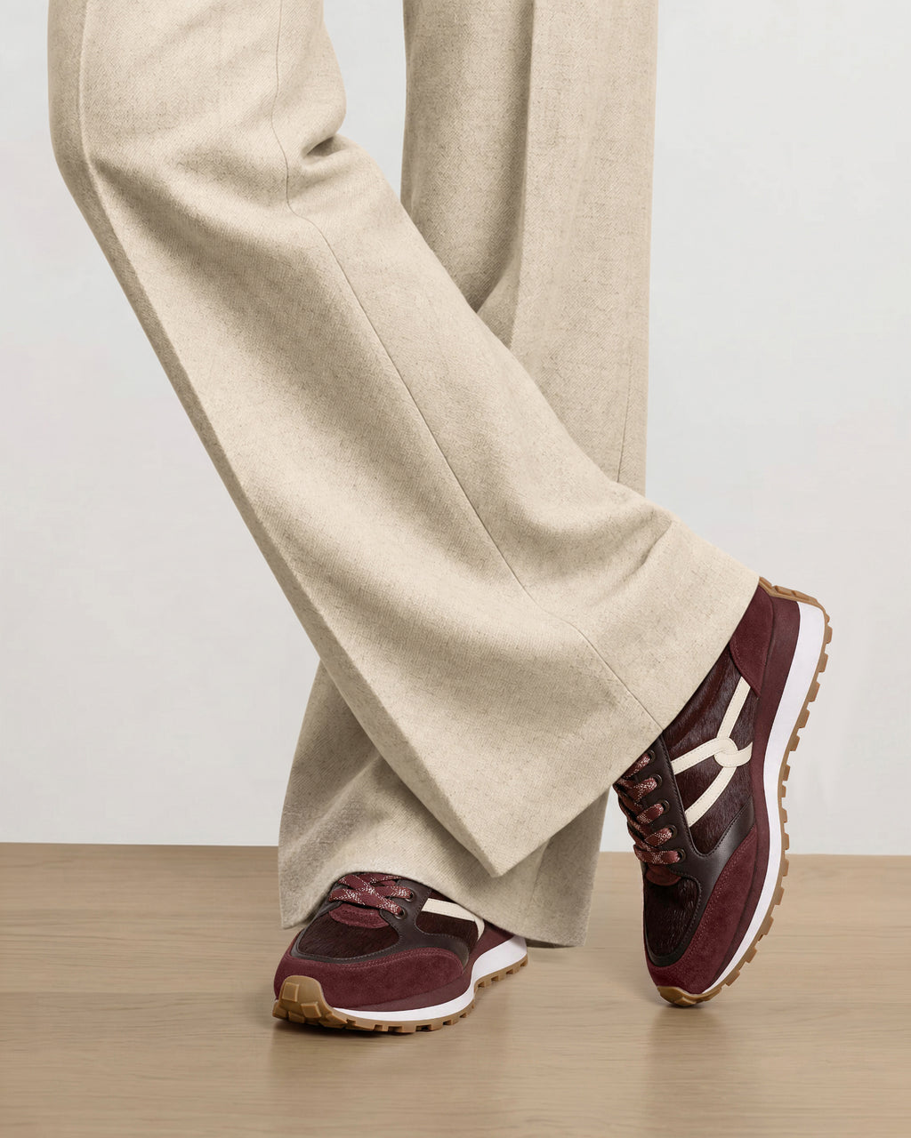 Veronica Beard Burgundy and white leather suede sneakers.