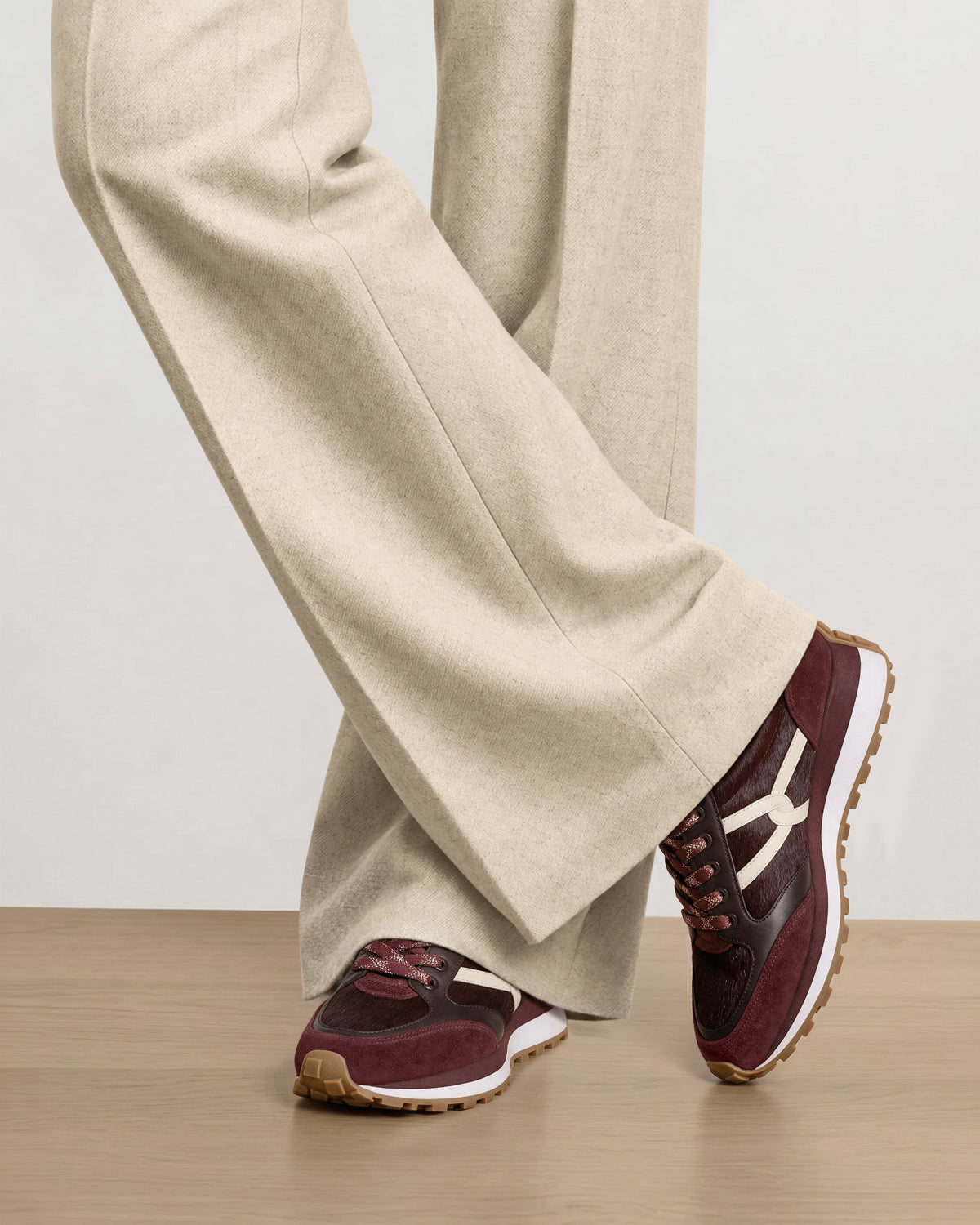 Veronica Beard Burgundy and white leather suede sneakers.