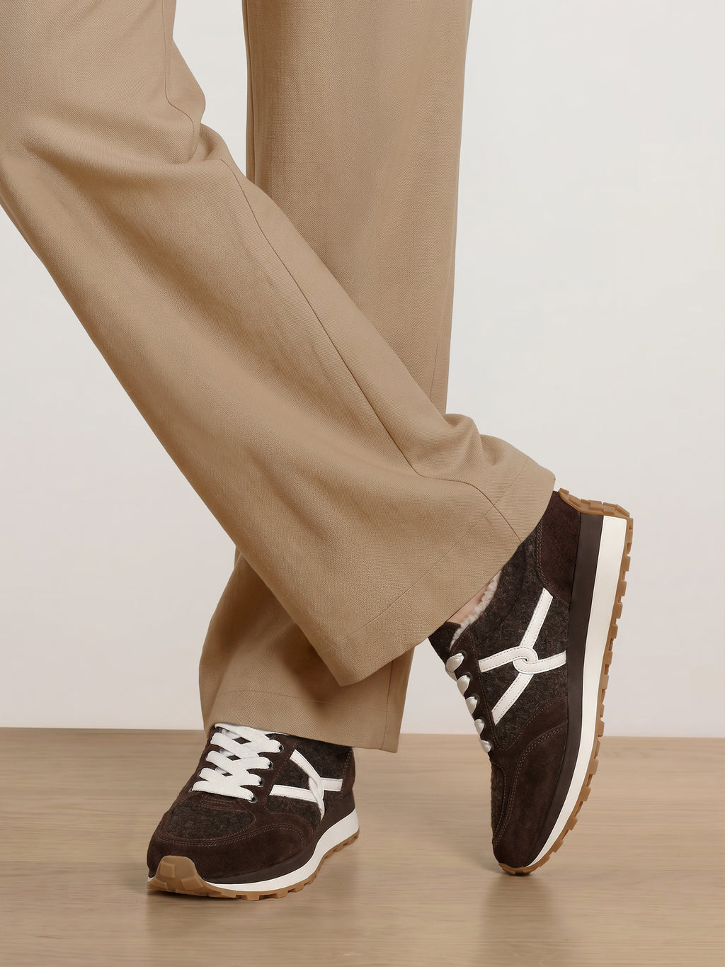 Veronica Beard Brown suede and wool sneakers with white laces.