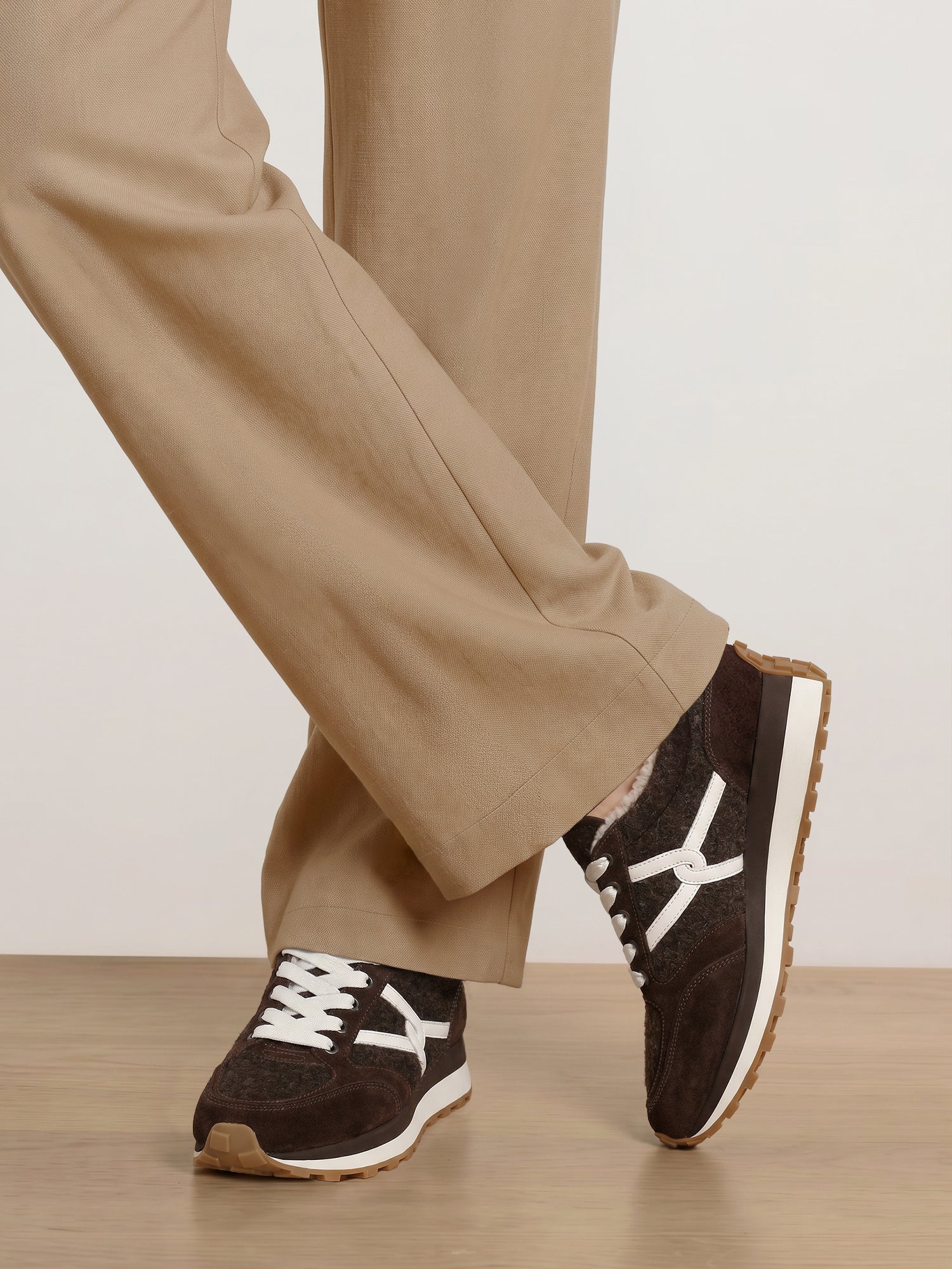 Veronica Beard Brown suede and wool sneakers with white laces.
