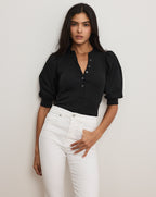 Veronica Beard Coralee Puff-Sleeve Top - Black
