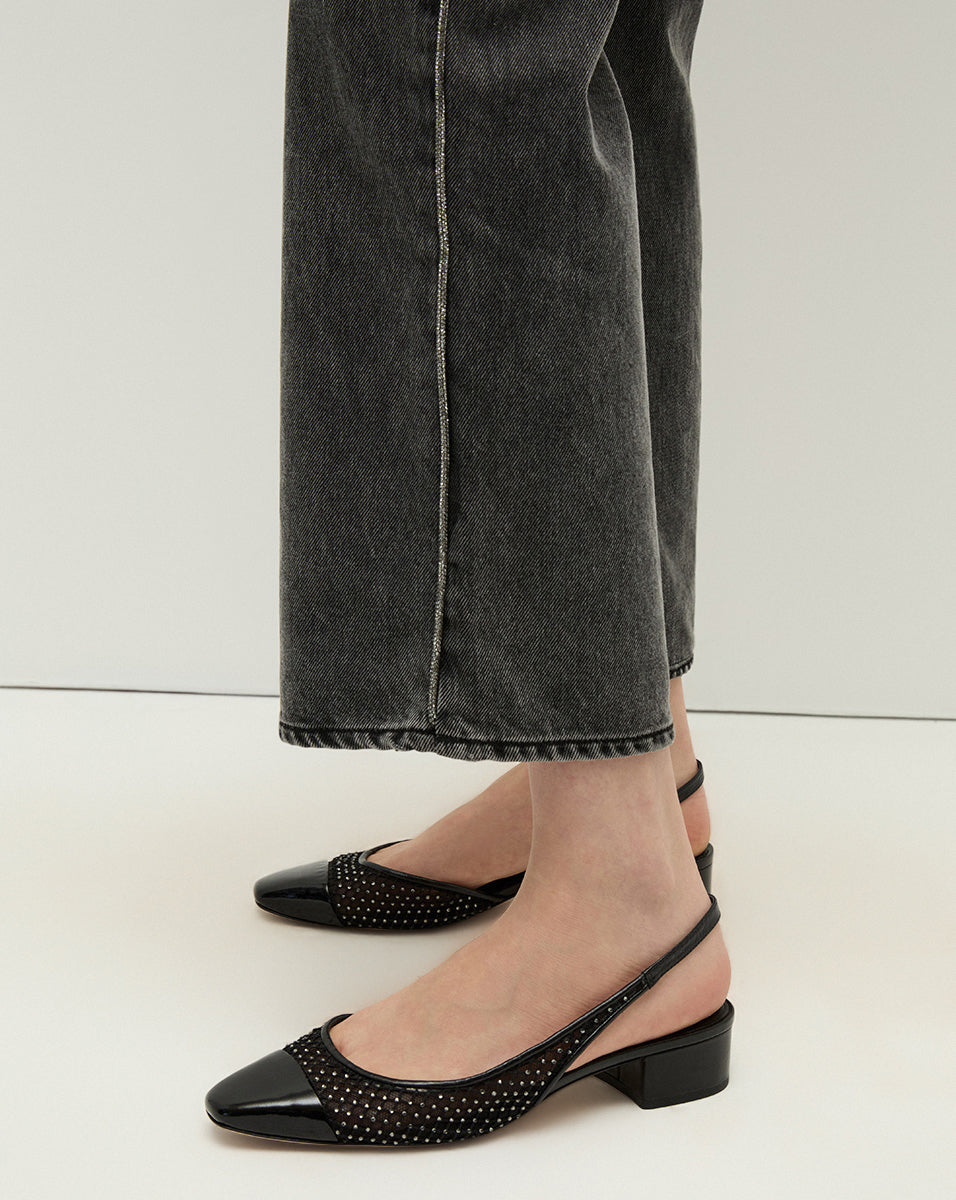 Veronica Beard Cecile Rhinestone Mesh Cap-Toe Slingback - Black Rhinestone
