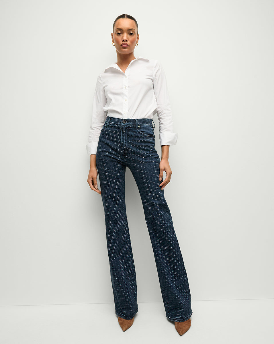Veronica Beard Crosbie Rhinestone Slim Wide-Leg Jean - Indigo Rinse
