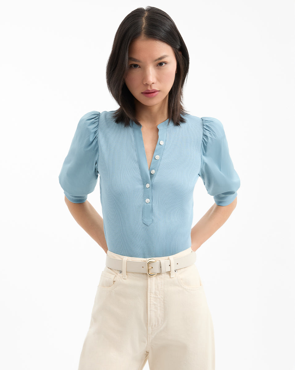 Veronica Beard Coralee Puff-Sleeve Tee - Sea Glass