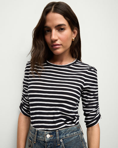 Veronica Beard Waldorf Ruched-Sleeve T-Shirt - Navy/White