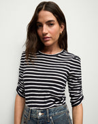 Veronica Beard Waldorf Ruched-Sleeve T-Shirt - Navy/White