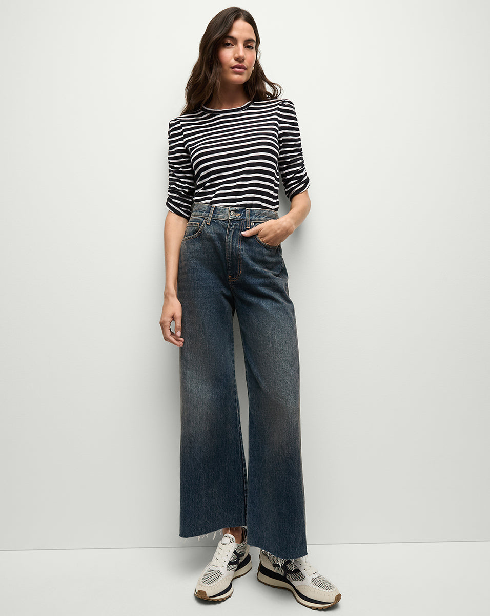 Veronica Beard Waldorf Ruched-Sleeve T-Shirt - Navy/White