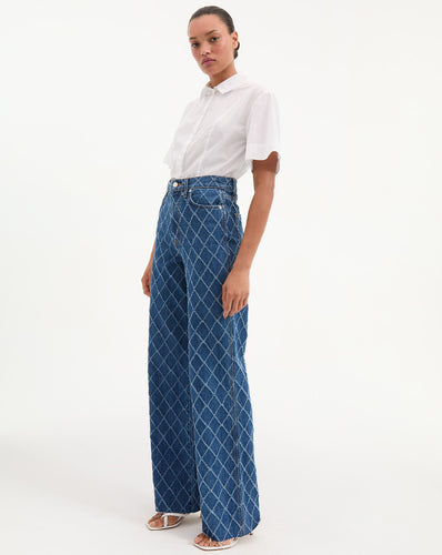 Veronica Beard Taylor Diamond Printed Wide-Leg Jean - Blue Diamond