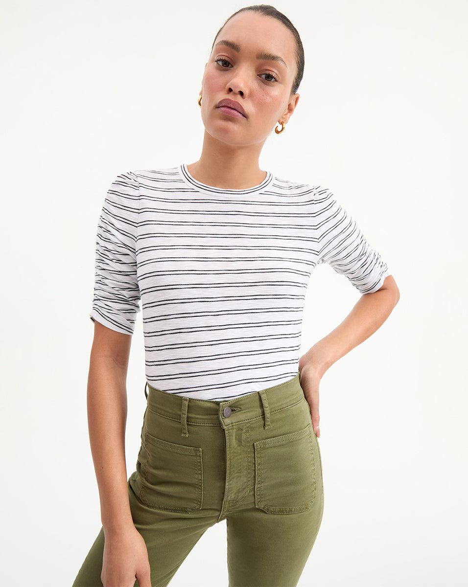 Veronica Beard Waldorf Ruched-Sleeve T-Shirt - Black/White