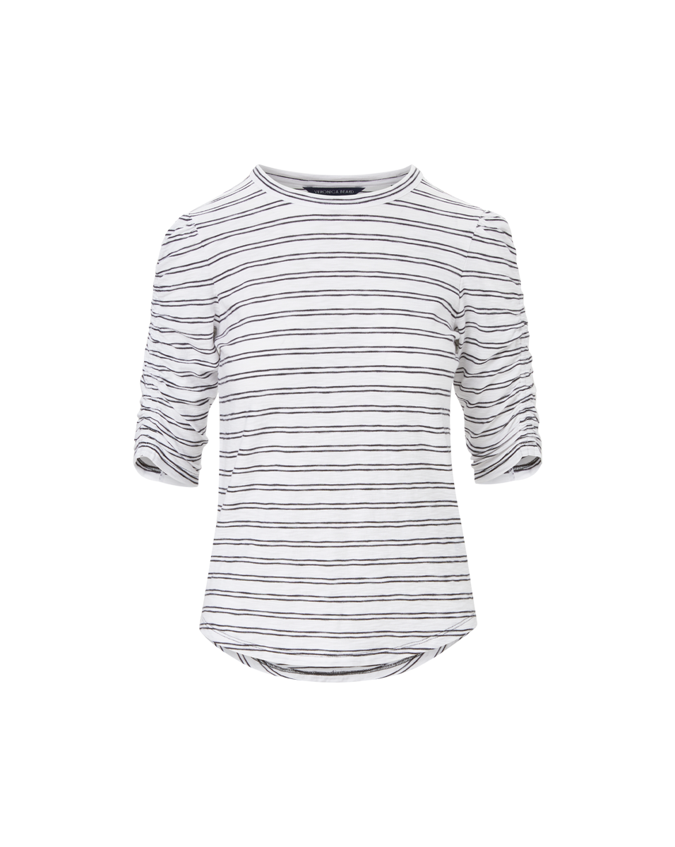 Veronica Beard Waldorf Ruched-Sleeve T-Shirt Black/White