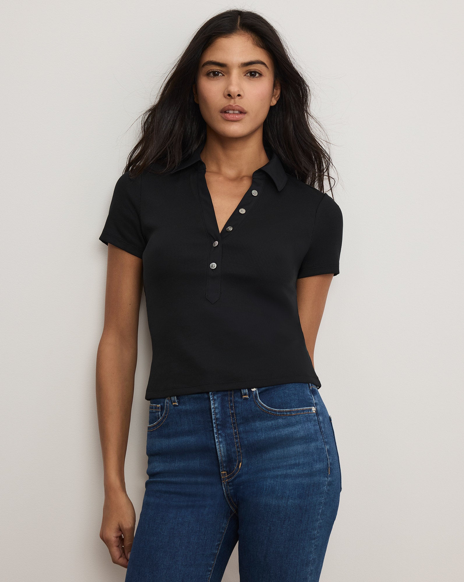 Veronica Beard Kearney Button-Down Tee - Black