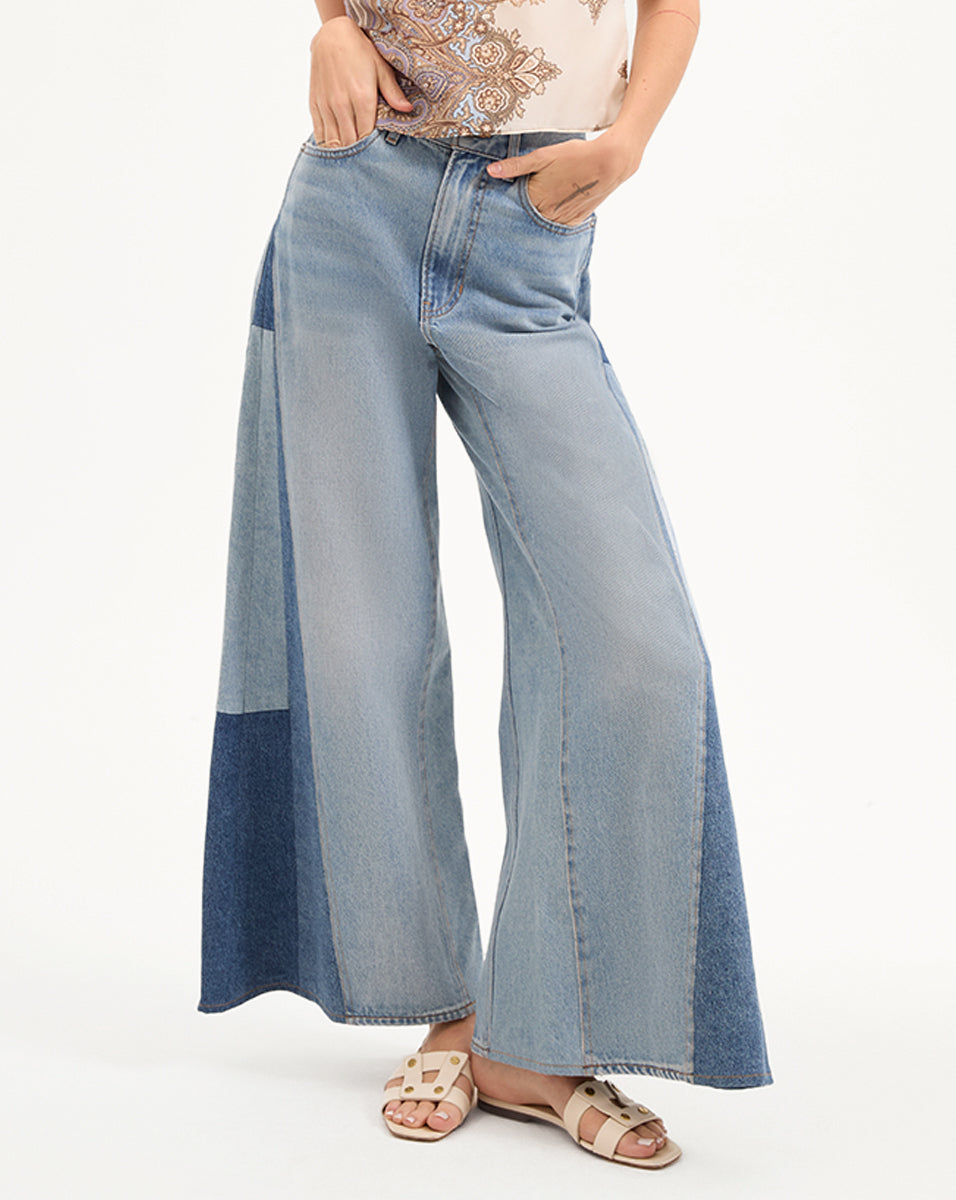 Veronica Beard Vicki Patchwork Wide-Leg Jean - Wanderer Undone