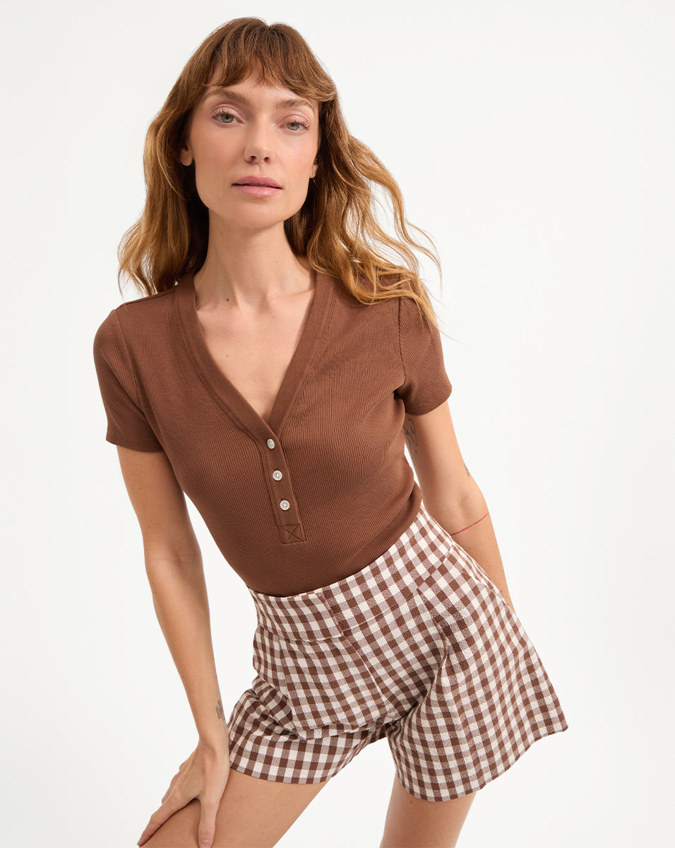 Veronica Beard Dekalb Ribbed Henley T-Shirt - Light Chicory