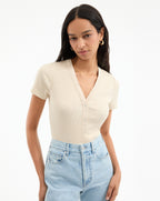 Veronica Beard Dekalb Ribbed Henley T-Shirt - Limestone