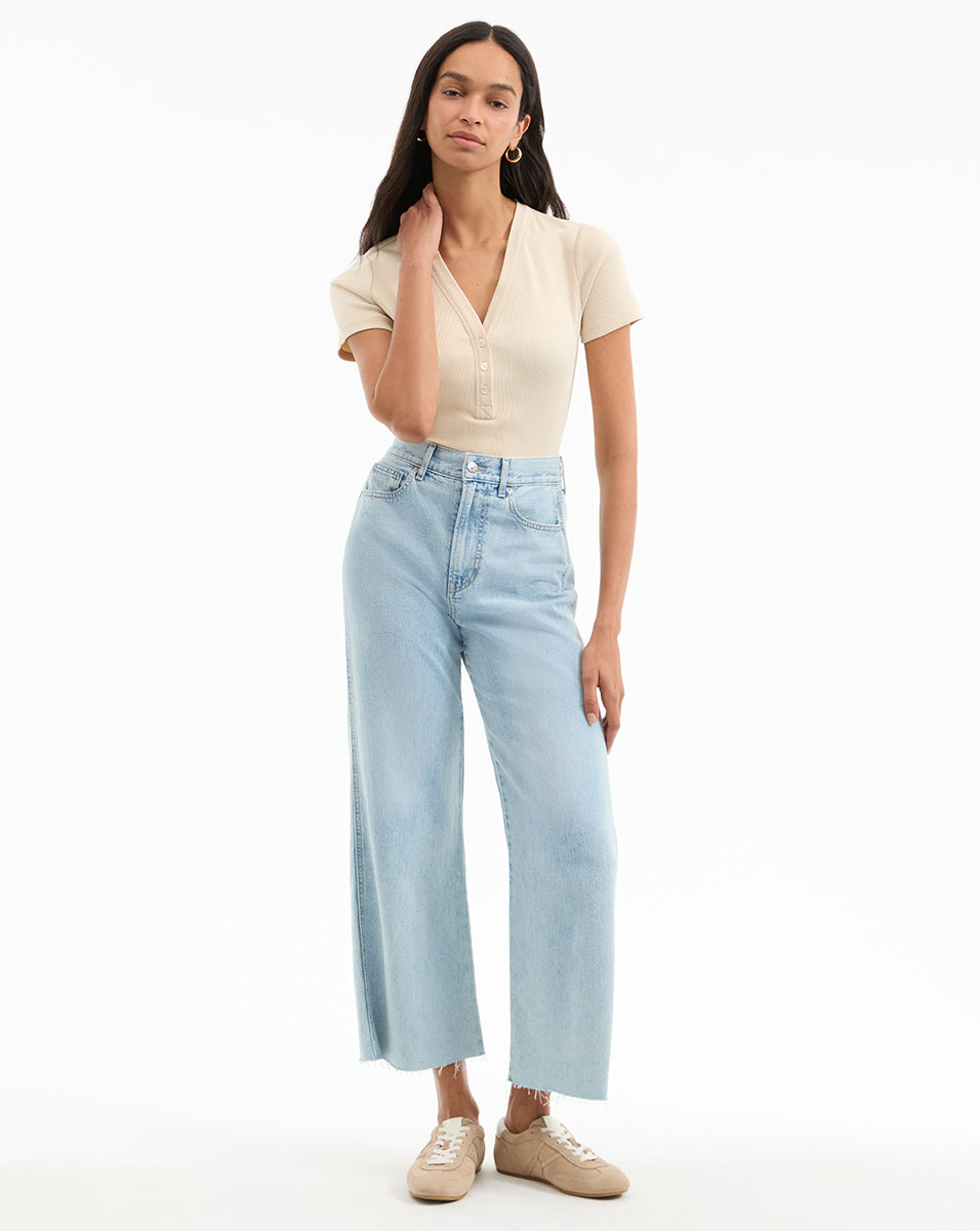 Veronica Beard Dekalb Ribbed Henley T-Shirt - Limestone