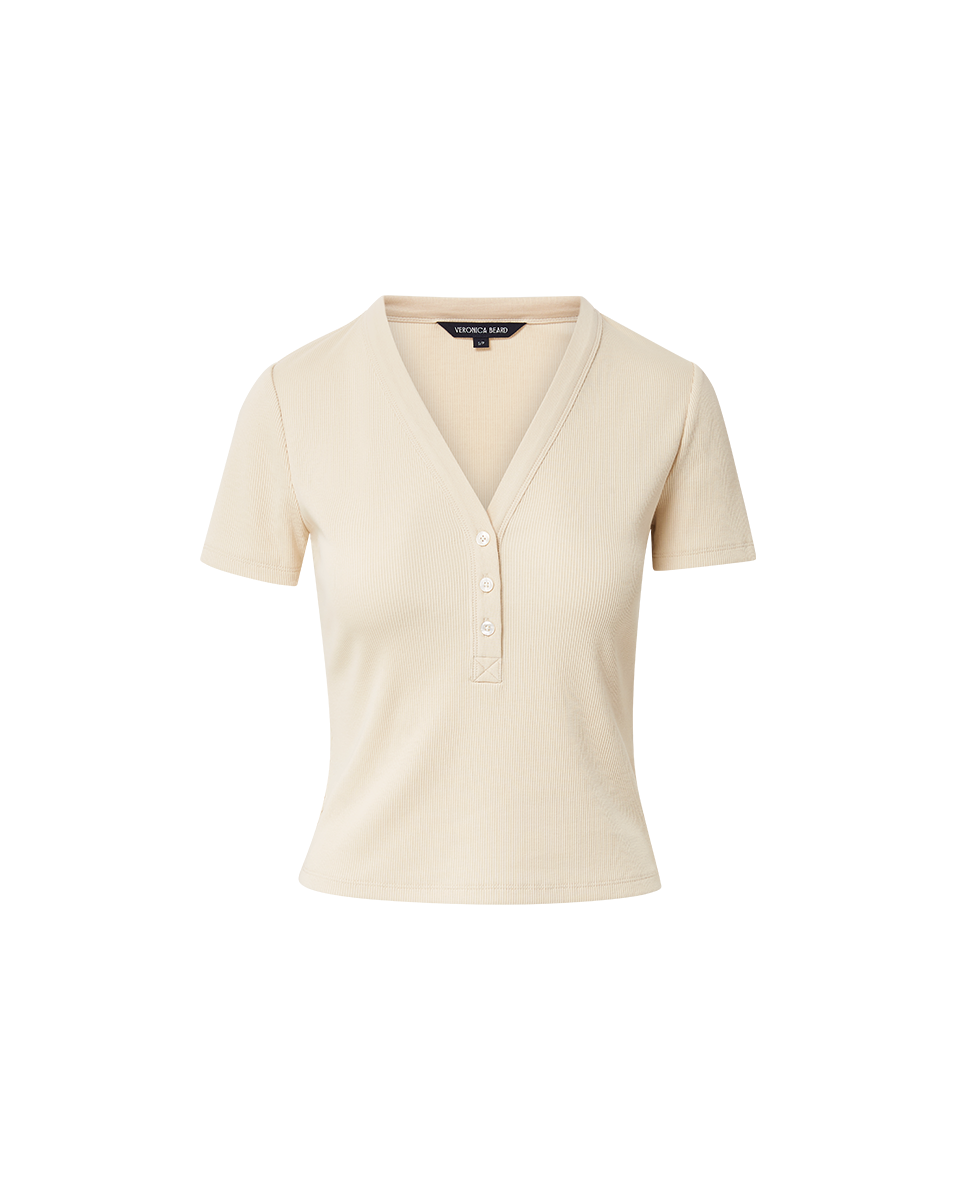 Veronica Beard Dekalb Ribbed Henley T-Shirt - Limestone