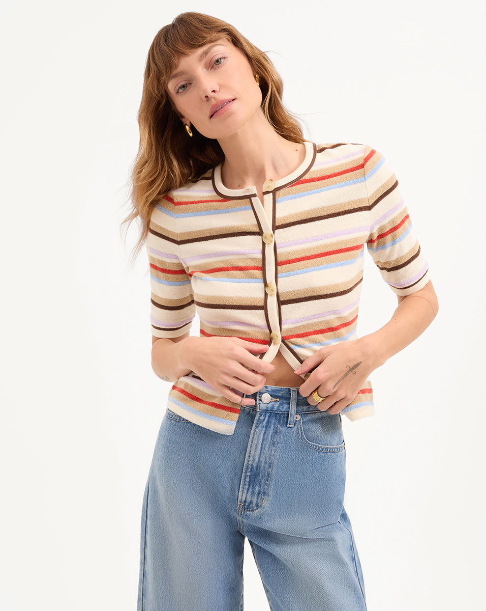 Veronica Beard Brendan Striped Short-Sleeve Cardigan - Stone Khaki Multi