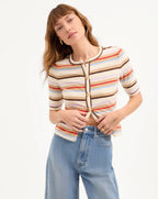 Veronica Beard Brendan Striped Short-Sleeve Cardigan - Stone Khaki Multi