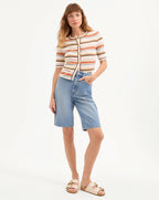 Veronica Beard Brendan Striped Short-Sleeve Cardigan - Stone Khaki Multi