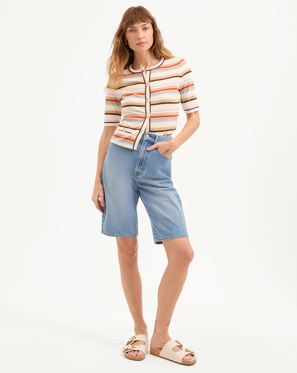 Veronica Beard Brendan Striped Short-Sleeve Cardigan - Stone Khaki Multi