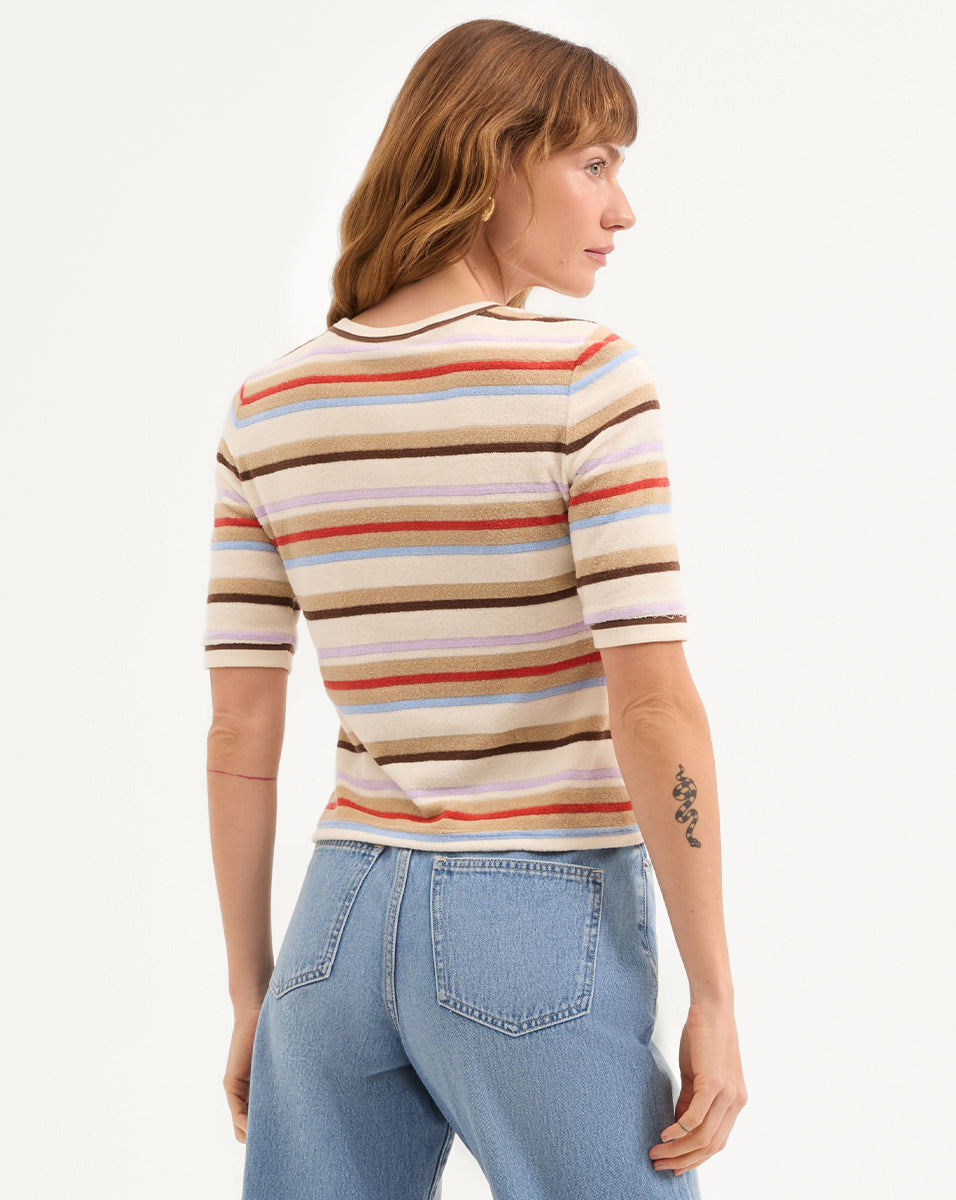 Veronica Beard Brendan Striped Short-Sleeve Cardigan - Stone Khaki Multi