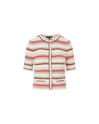 Veronica Beard Brendan Striped Short-Sleeve Cardigan Stone Khaki Multi