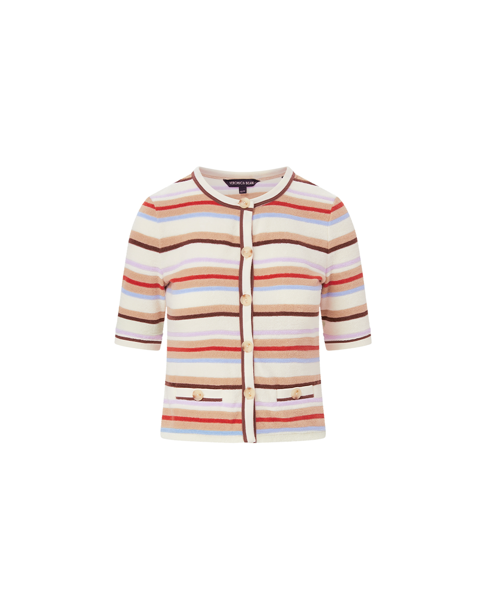 Veronica Beard Brendan Striped Short-Sleeve Cardigan Stone Khaki Multi