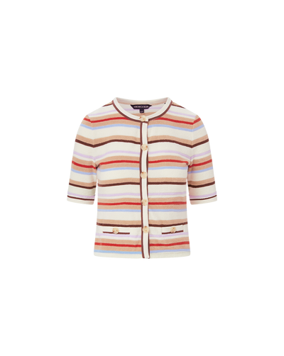 Veronica Beard Brendan Striped Short-Sleeve Cardigan Stone Khaki Multi