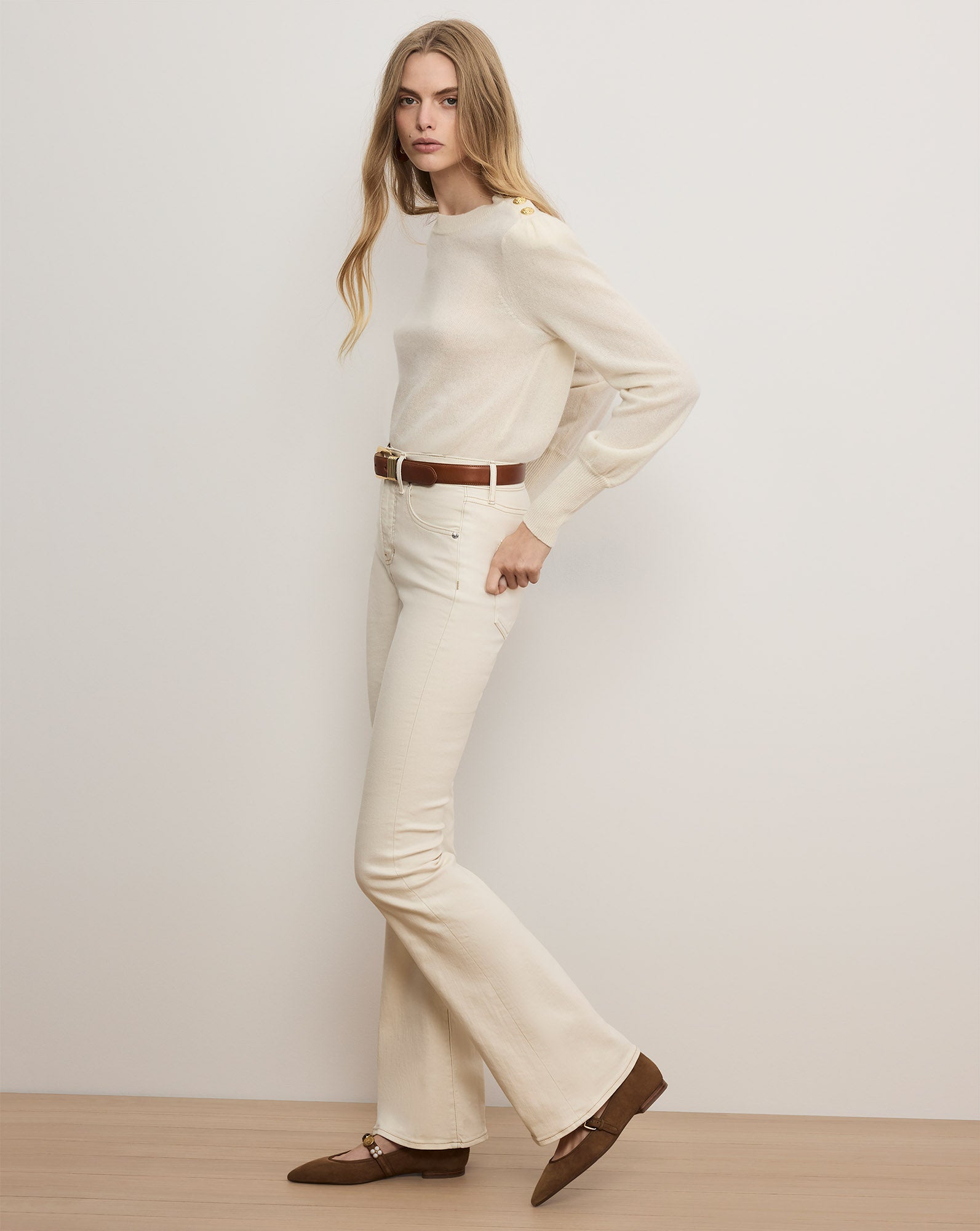 Veronica Beard Nelia Cashmere Pullover | Button Accent - Ivory