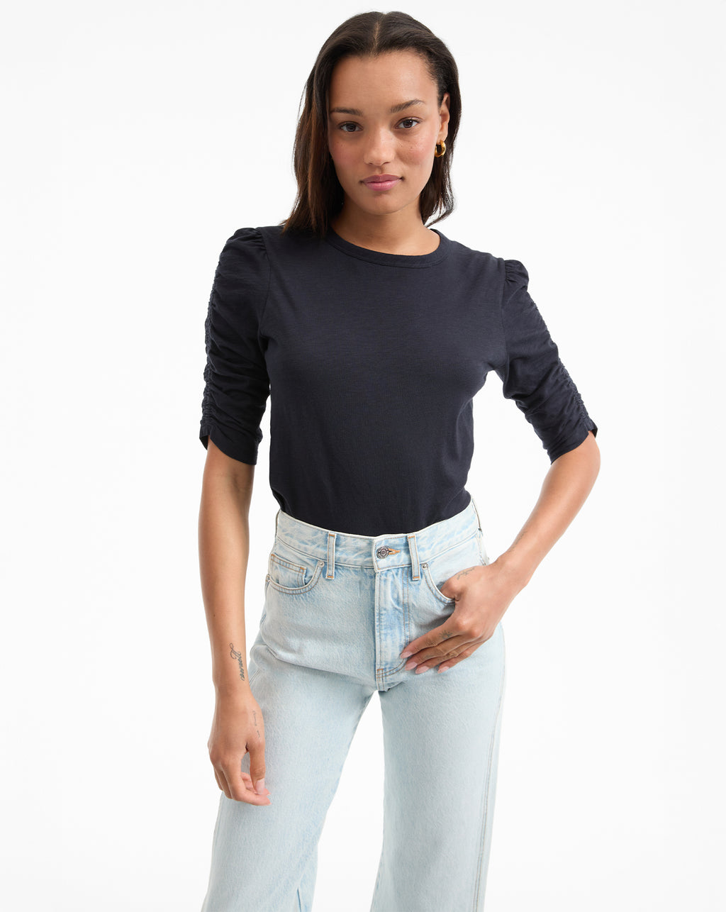 Veronica Beard Waldorf Ruched-Sleeve Slub T-Shirt - Navy